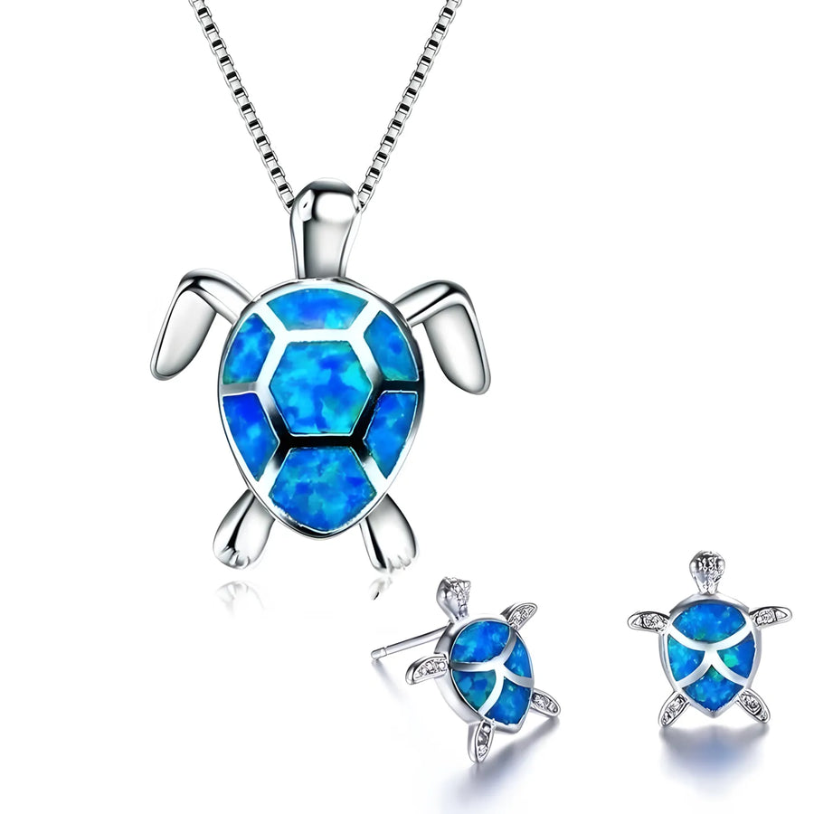 Sea Turtle Necklace + Earrings Set in Opal and Silver