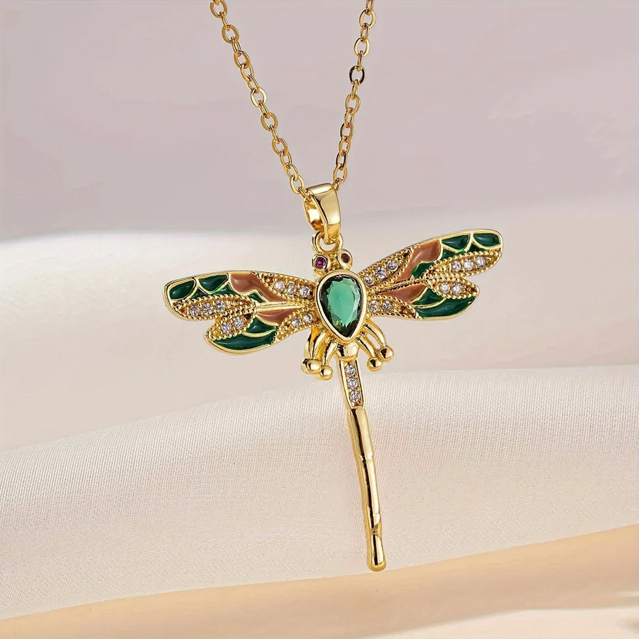 Radiant Necklace with Green Dragonfly