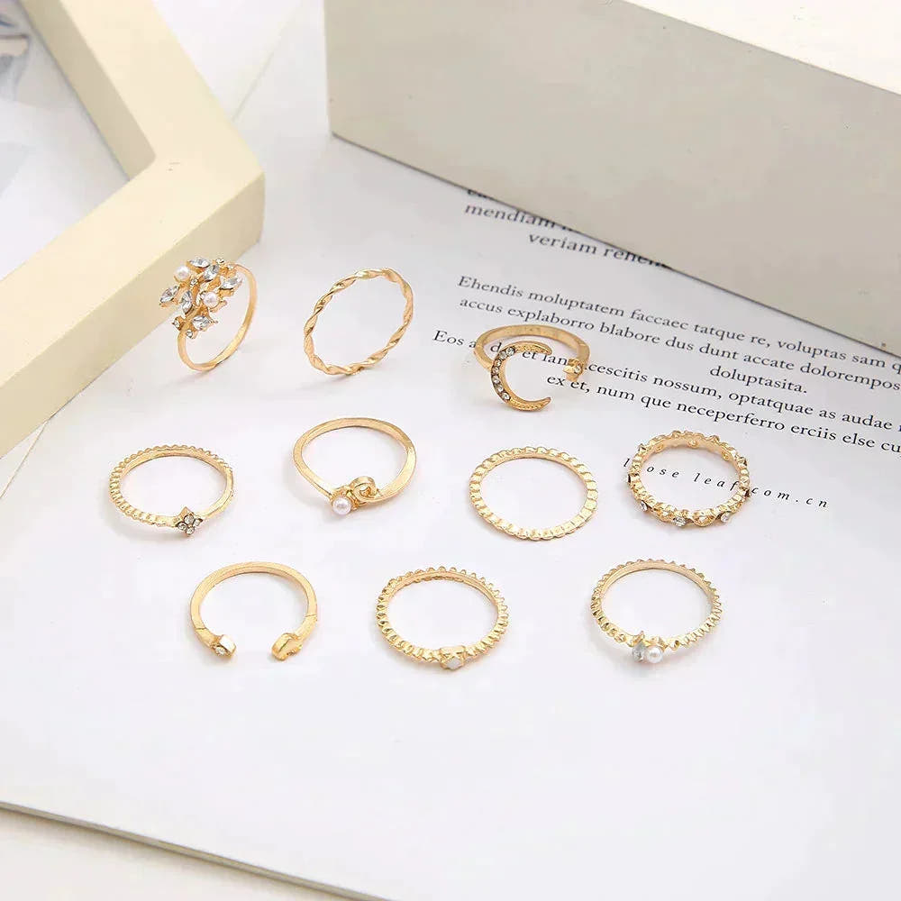 Set of 10 Bohemian Rings in Silver and Gold