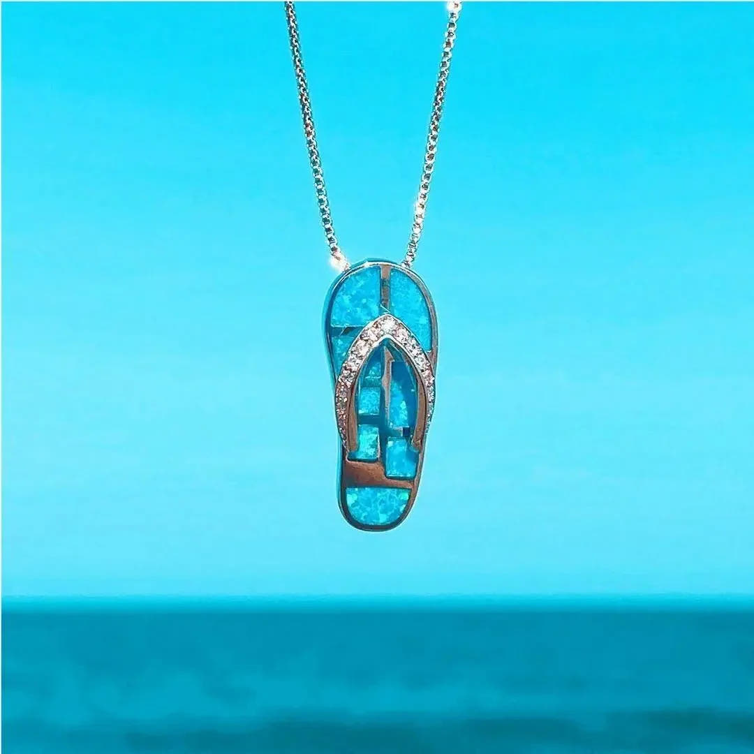 Silver-Tone Flip-Flop Pendant Necklace with Blue Opal