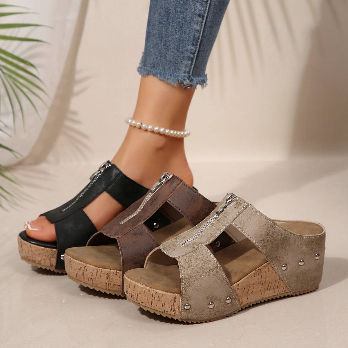 Laurelle | Zip-Front Wedge Sandals