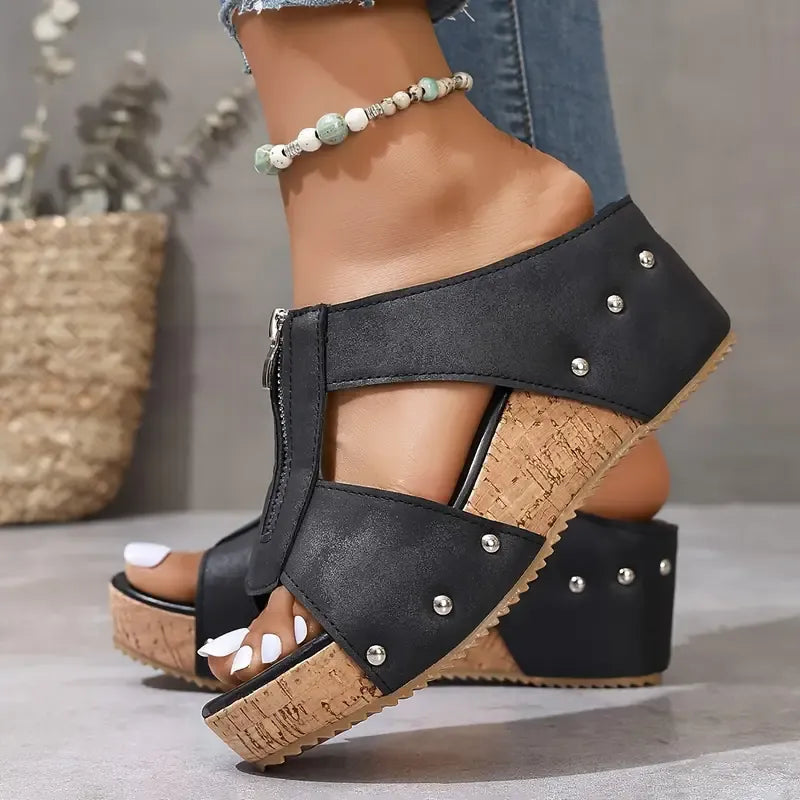 Laurelle | Zip-Front Wedge Sandals