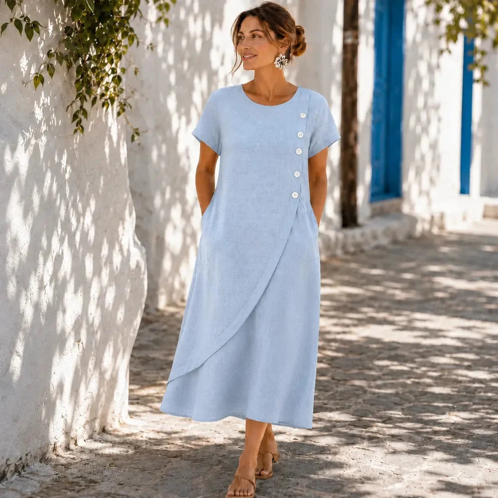 Sumlor | Asymmetric Button Midi Dress with Pockets