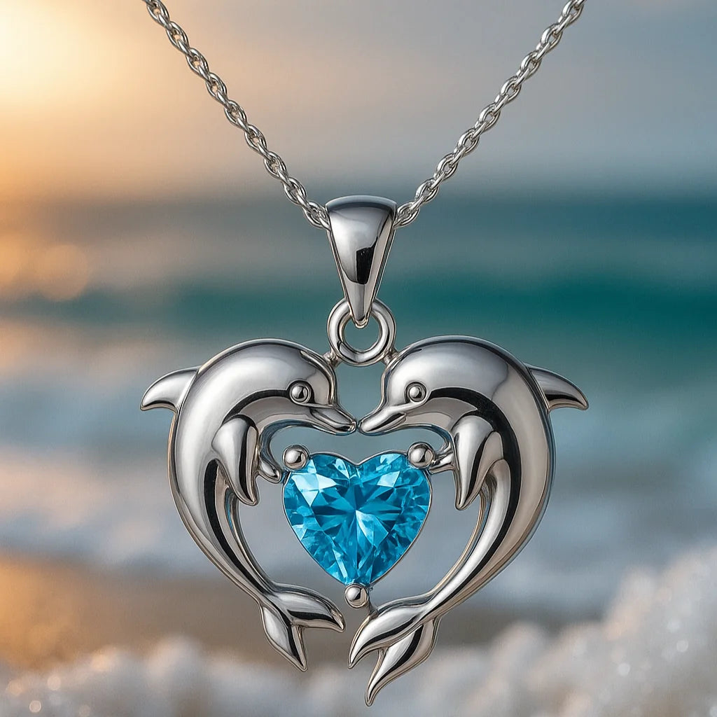 Timeless Silver Double Dolphin Necklace with Opal