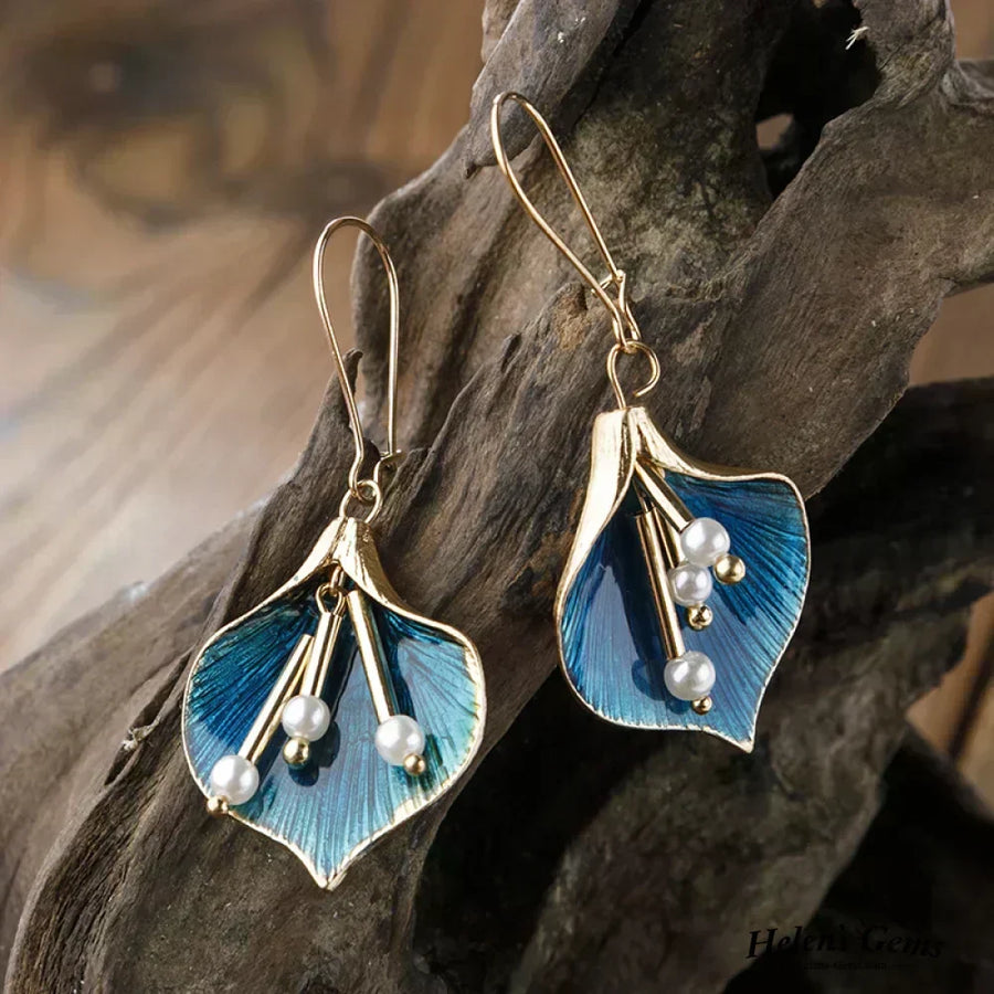 Gold and Blue Dangle Earrings with Pearls