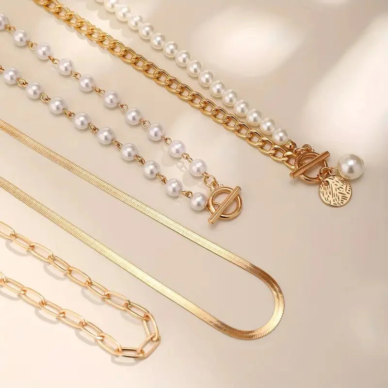 Vintage Pearl & Gold Snake Chain Necklace Set | Gold