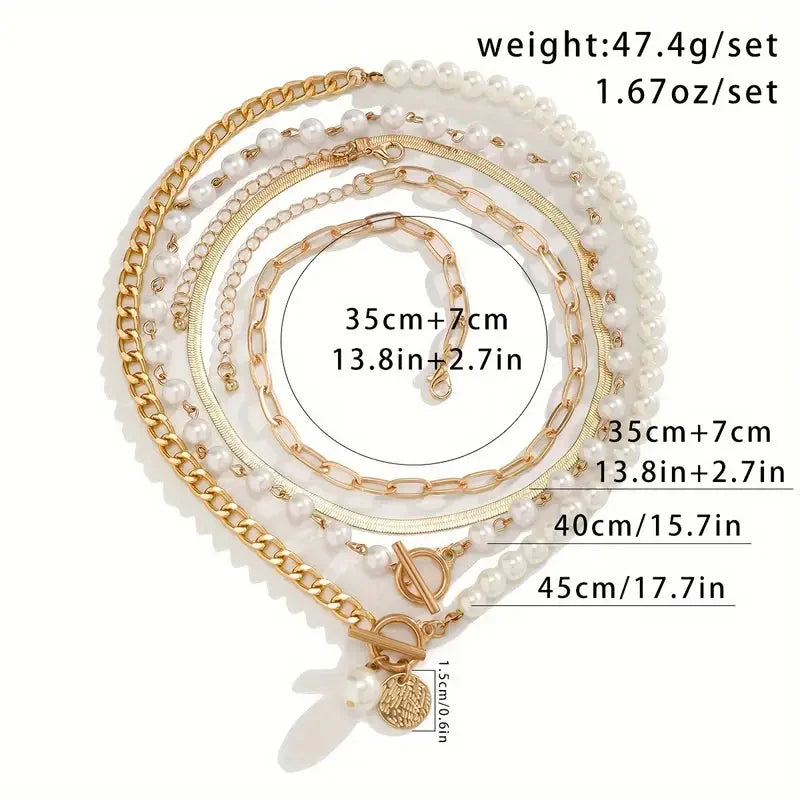Vintage Pearl & Gold Snake Chain Necklace Set | Gold