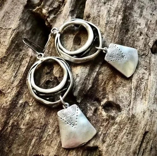 Vintage Square Silver-Tone Drop Earrings
