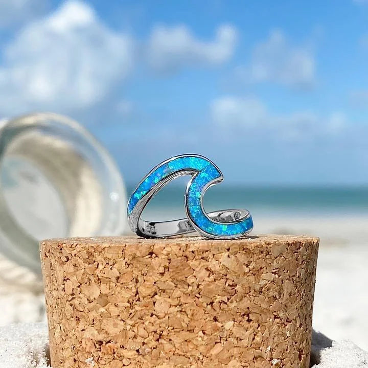 Wavy Silver Ring with Blue Opal-Style Stone