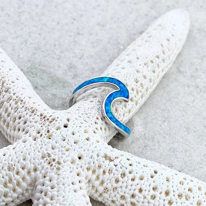 Wavy Silver Ring with Blue Opal-Style Stone