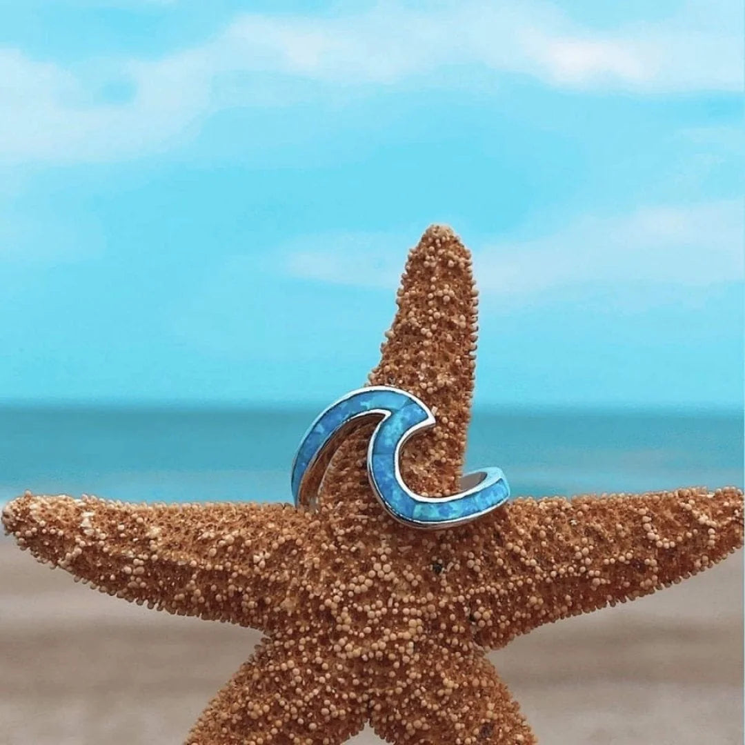 Wavy Silver Ring with Blue Opal-Style Stone