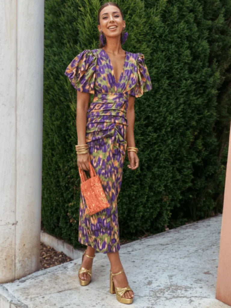 Annora | Ruched Puff-Sleeve Midi Dress