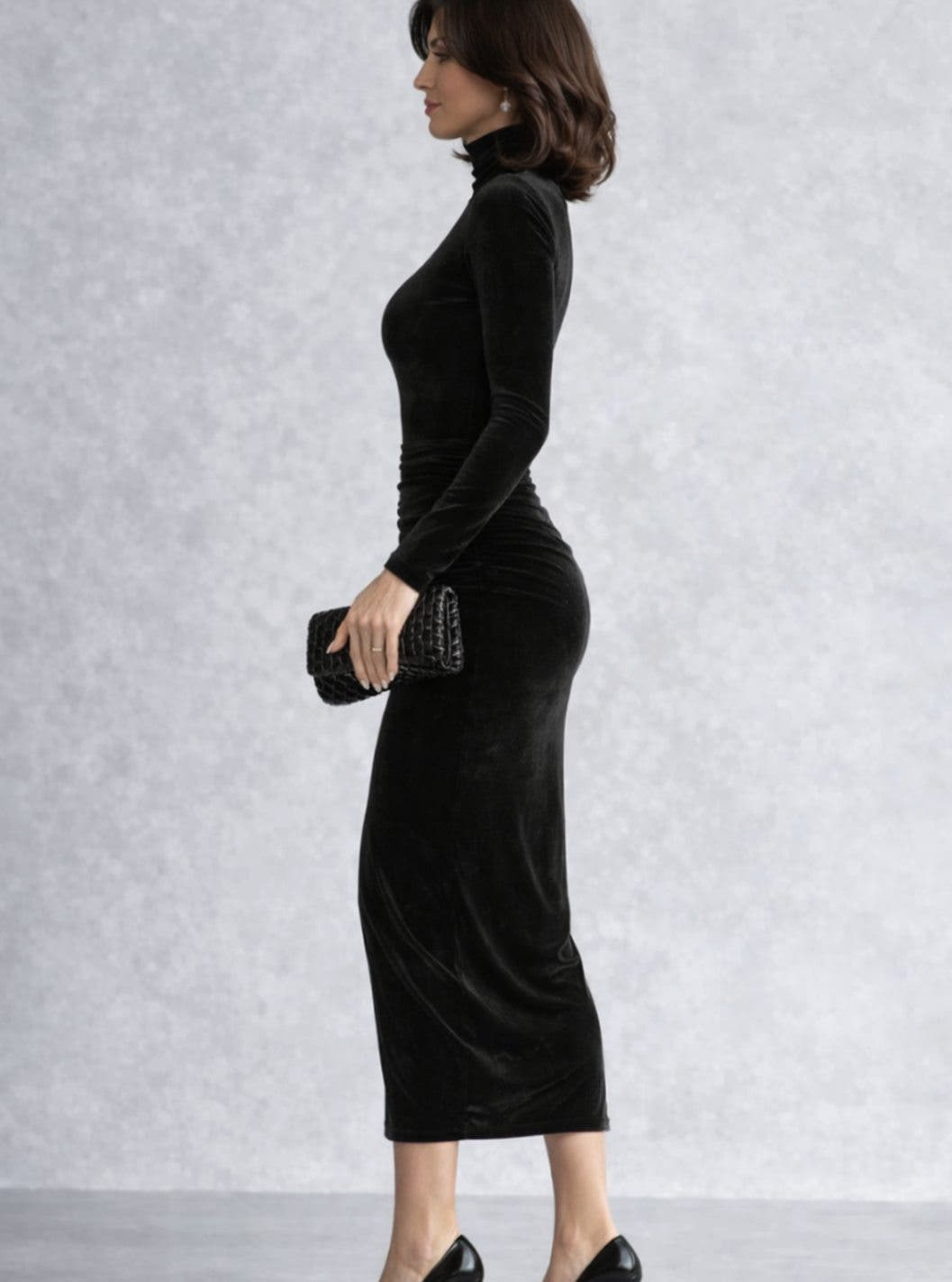 Saskia | Velvet Ruched Mock-Neck Dress