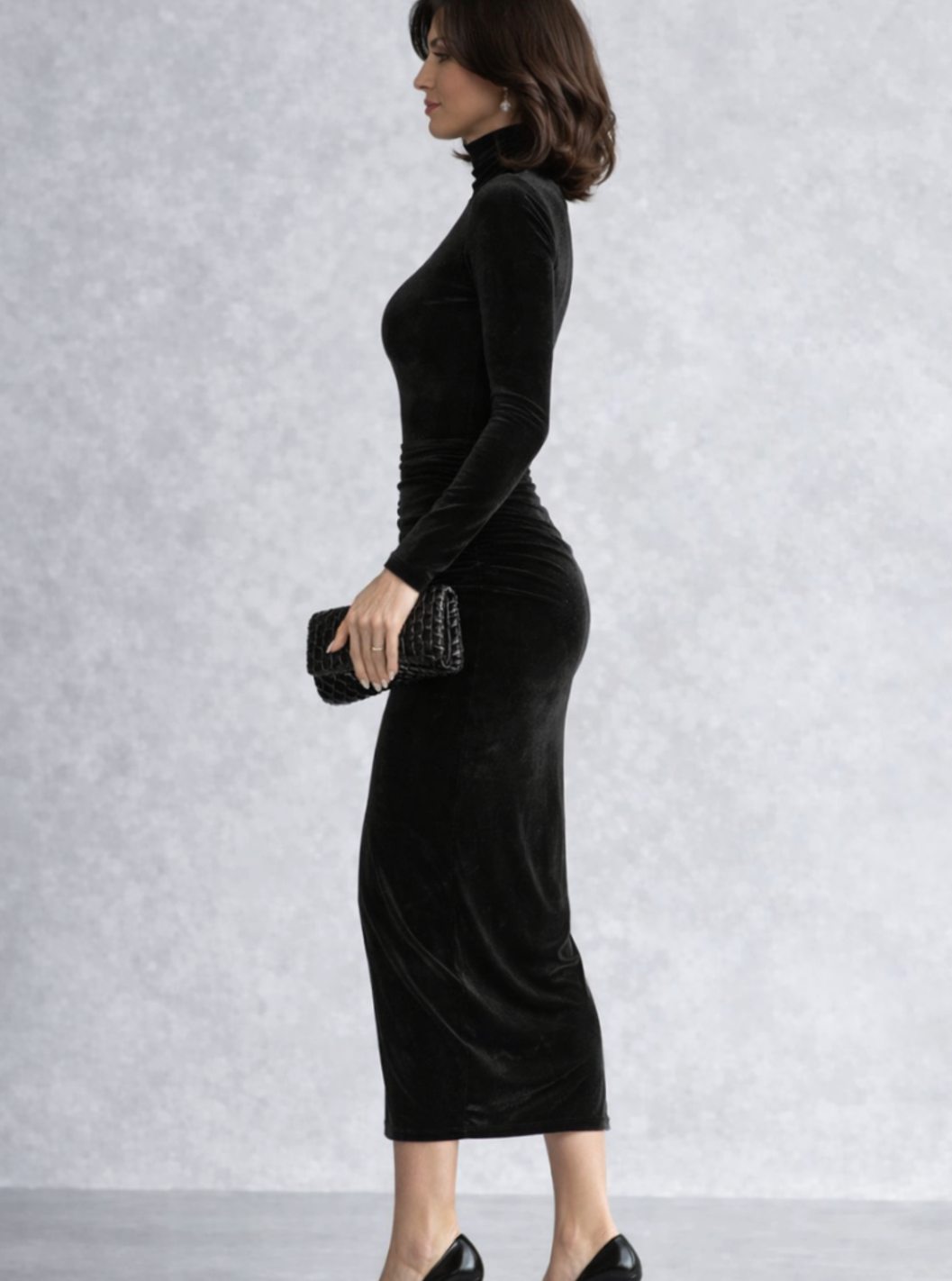 Saskia | Velvet Ruched Mock-Neck Dress