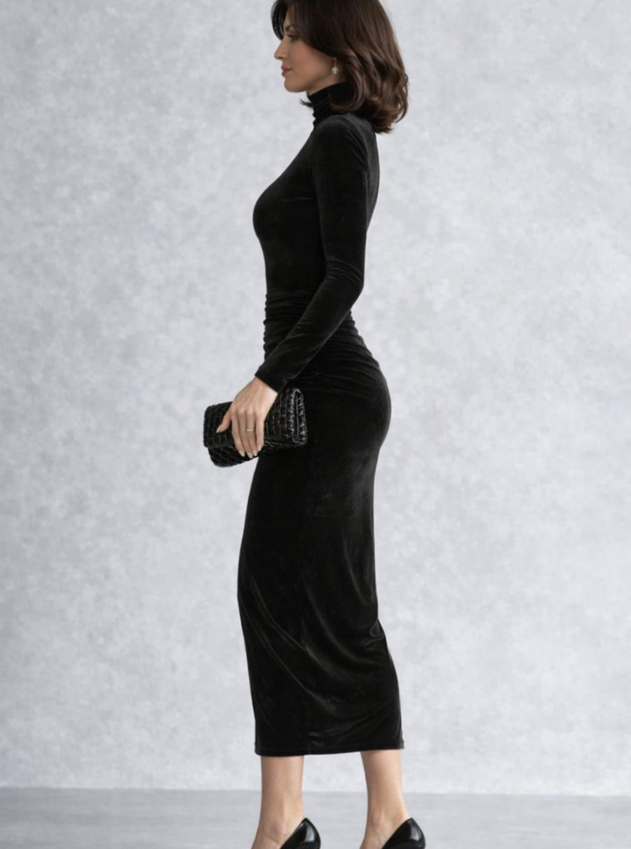 Saskia | Velvet Ruched Mock-Neck Dress