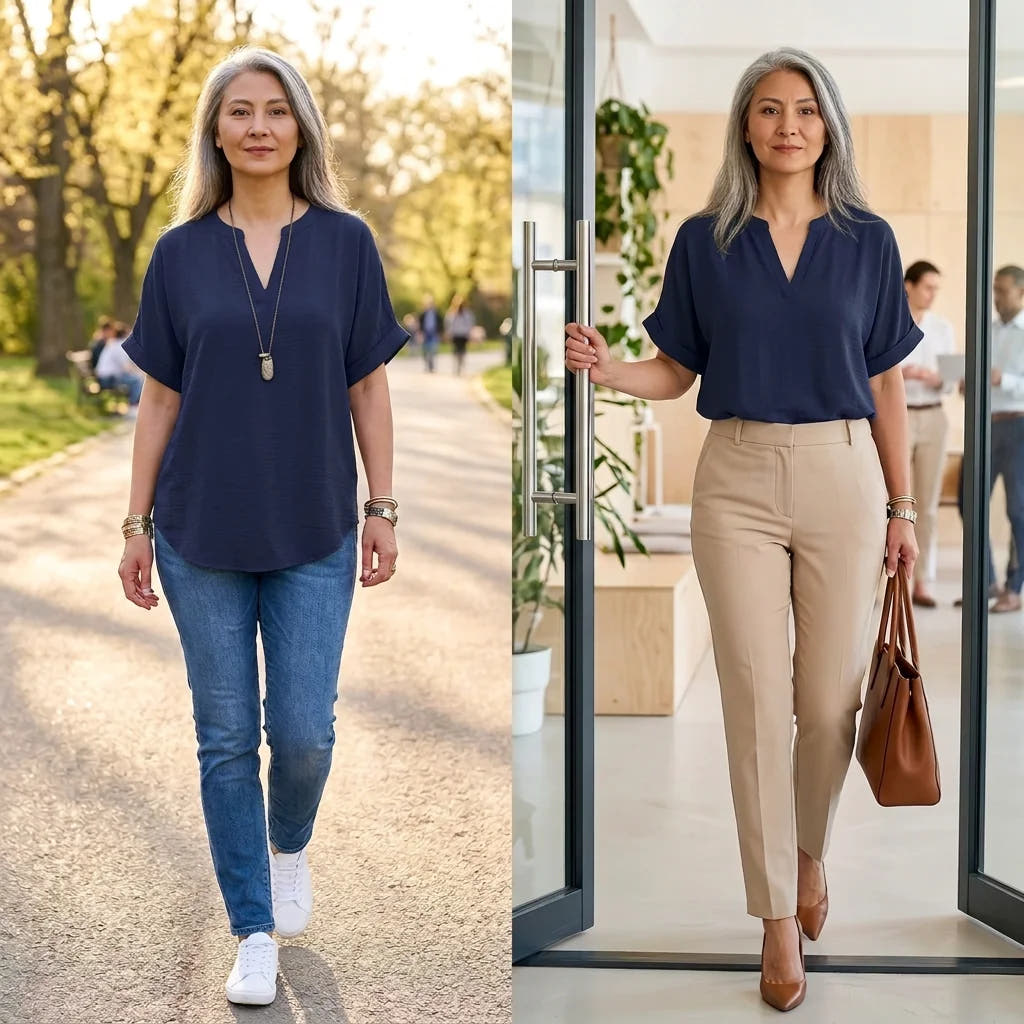Wovena | Breezy V-Neck Blouse with Curved Hem