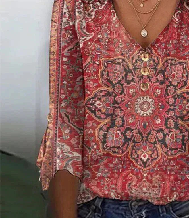 Gwenaelle | Red Print V-Neck Top